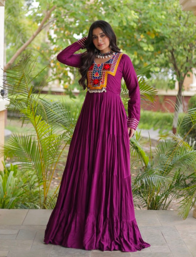 Purple Pure Reyon Kutchi Gamthi Thread Embroidered &amp; Mirror Work Anarkali Long Gown