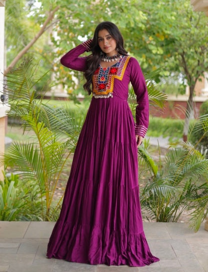 Purple Pure Reyon Kutchi Gamthi Thread Embroidered &amp; Mirror Work Anarkali Long Gown