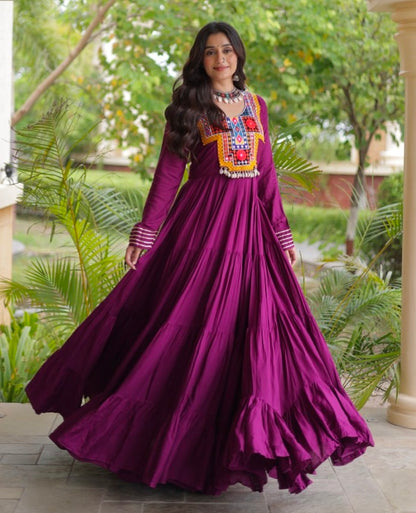 Purple Pure Reyon Kutchi Gamthi Thread Embroidered &amp; Mirror Work Anarkali Long Gown