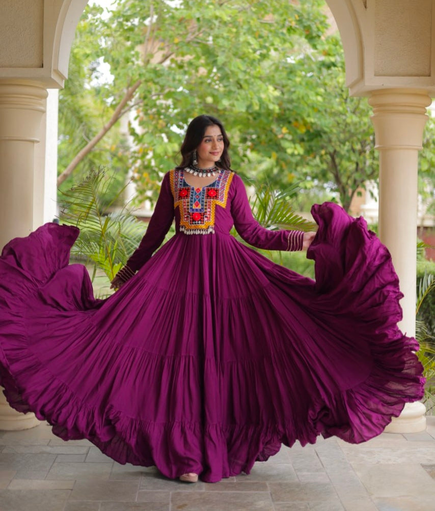 Purple Pure Reyon Kutchi Gamthi Thread Embroidered &amp; Mirror Work Anarkali Long Gown
