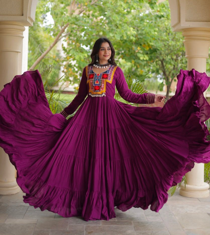 Purple Pure Reyon Kutchi Gamthi Thread Embroidered &amp; Mirror Work Anarkali Long Gown