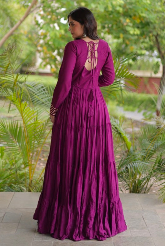 Purple Pure Reyon Kutchi Gamthi Thread Embroidered &amp; Mirror Work Anarkali Long Gown