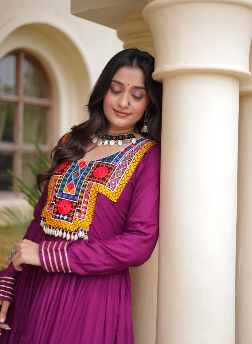 Purple Pure Reyon Kutchi Gamthi Thread Embroidered &amp; Mirror Work Anarkali Long Gown