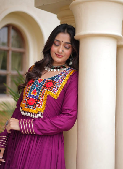 Purple Pure Reyon Kutchi Gamthi Thread Embroidered &amp; Mirror Work Anarkali Long Gown