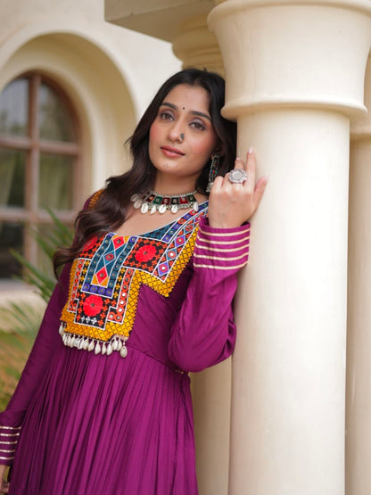 Purple Pure Reyon Kutchi Gamthi Thread Embroidered &amp; Mirror Work Anarkali Long Gown