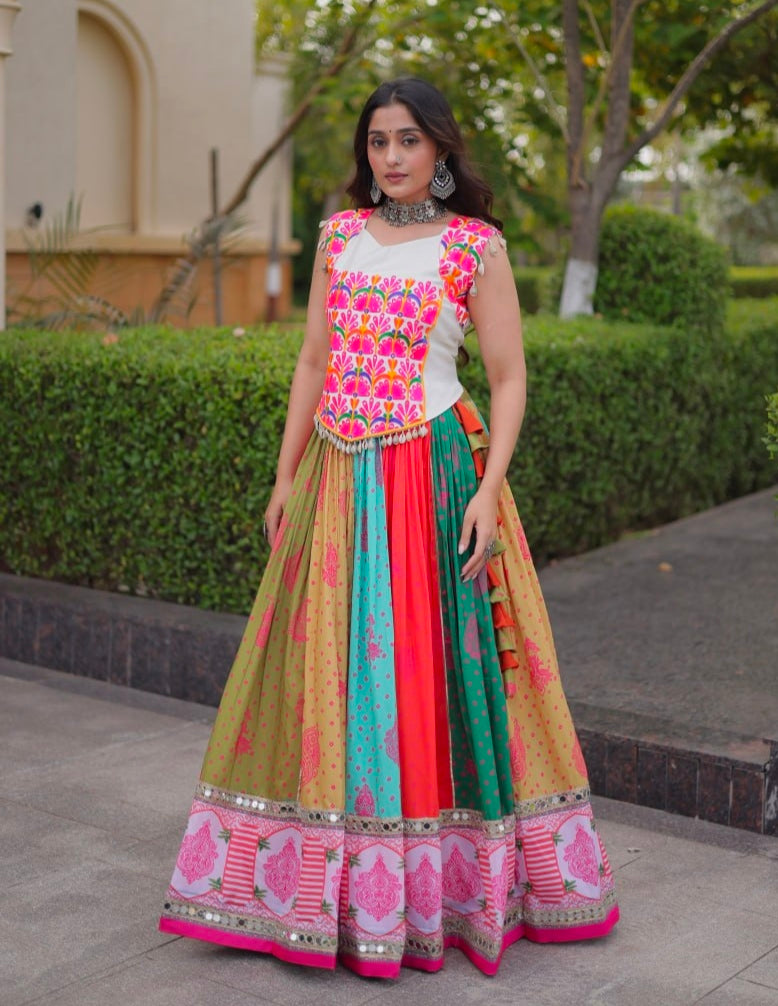 Multi Pure Reyon Kutchi Gamthi Thread Embroidered &amp; Mirror Work Lehenga Choli