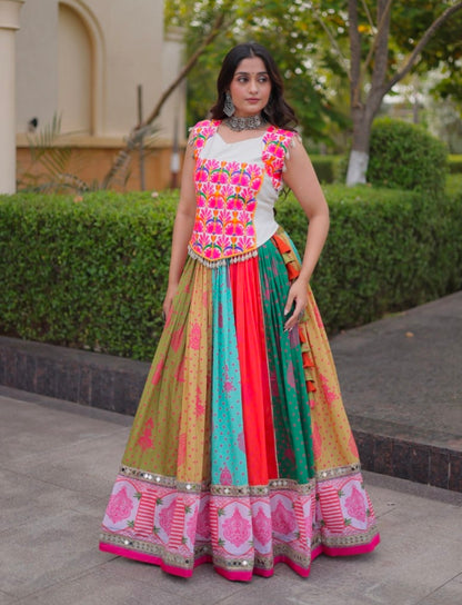 Multi Pure Reyon Kutchi Gamthi Thread Embroidered &amp; Mirror Work Lehenga Choli