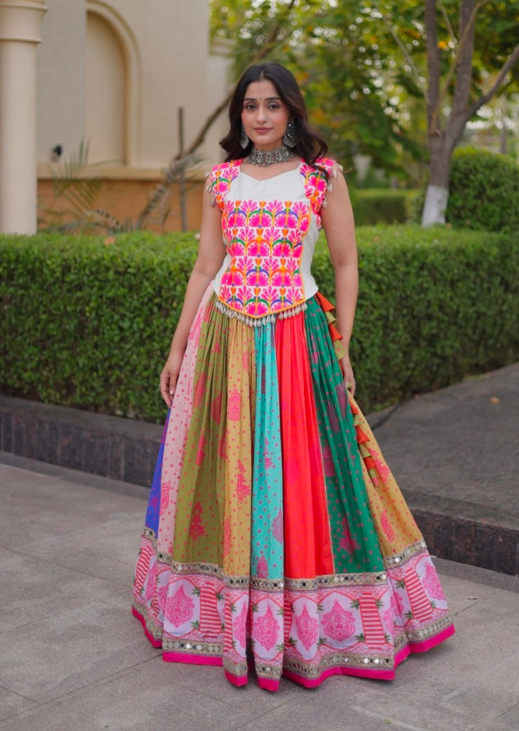Multi Pure Reyon Kutchi Gamthi Thread Embroidered &amp; Mirror Work Lehenga Choli