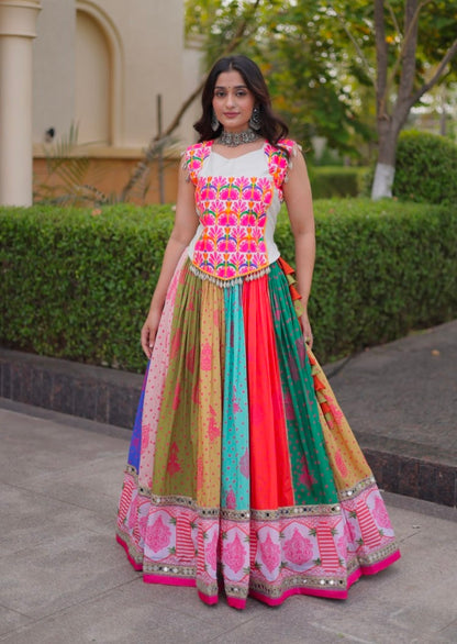 Multi Pure Reyon Kutchi Gamthi Thread Embroidered &amp; Mirror Work Lehenga Choli