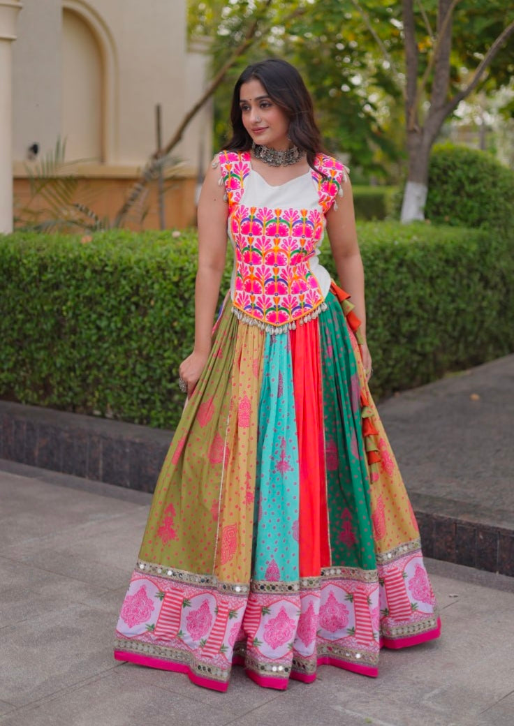 Multi Pure Reyon Kutchi Gamthi Thread Embroidered &amp; Mirror Work Lehenga Choli