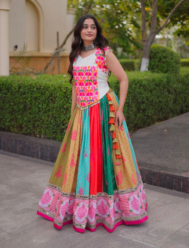 Multi Pure Reyon Kutchi Gamthi Thread Embroidered &amp; Mirror Work Lehenga Choli