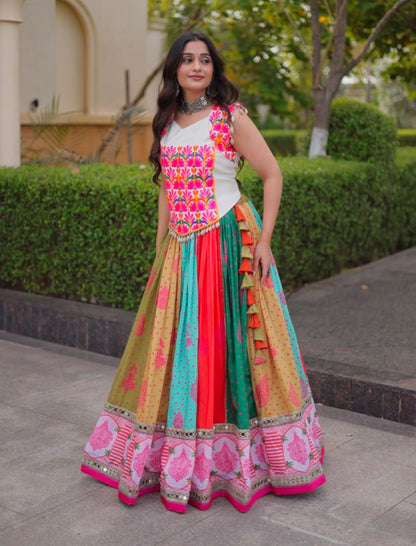 Multi Pure Reyon Kutchi Gamthi Thread Embroidered &amp; Mirror Work Lehenga Choli