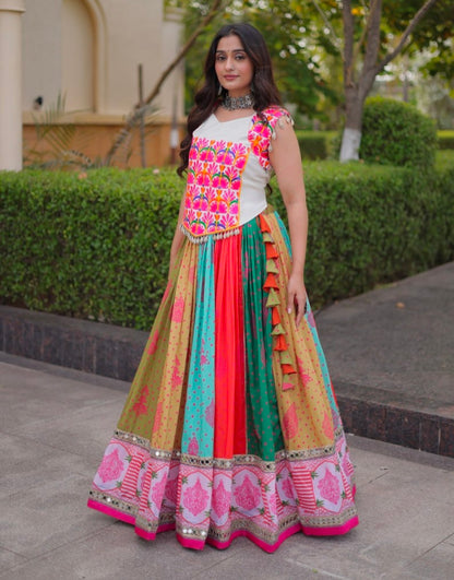 Multi Pure Reyon Kutchi Gamthi Thread Embroidered &amp; Mirror Work Lehenga Choli
