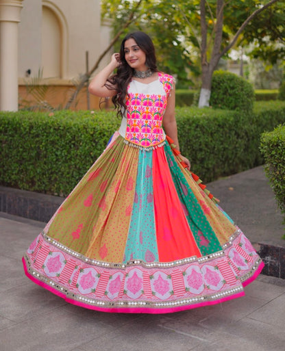 Multi Pure Reyon Kutchi Gamthi Thread Embroidered &amp; Mirror Work Lehenga Choli