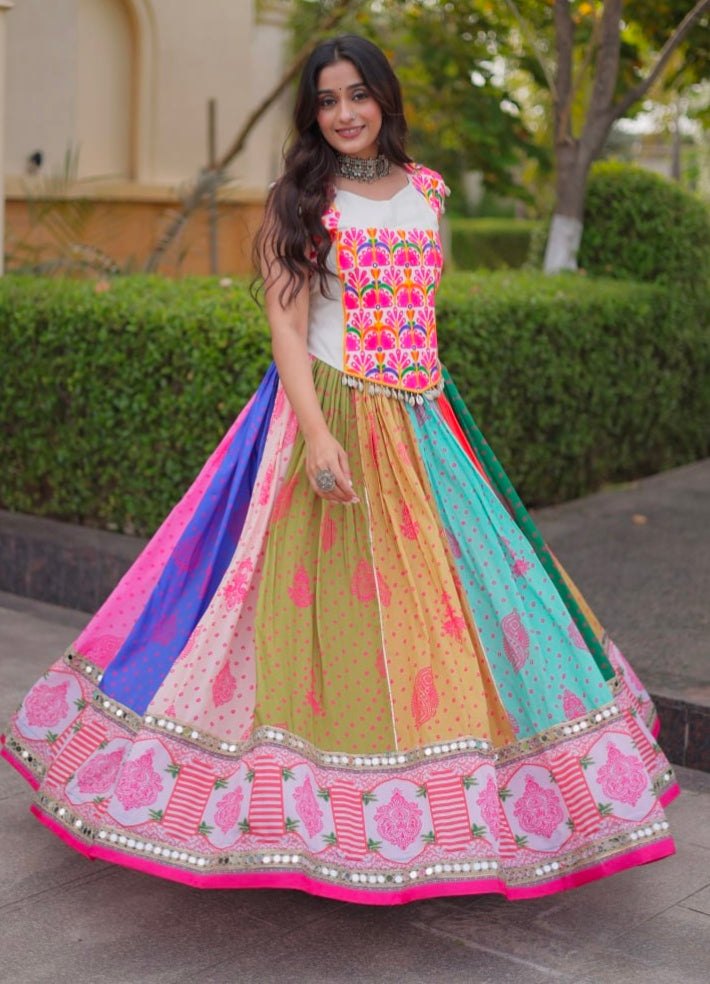 Multi Pure Reyon Kutchi Gamthi Thread Embroidered &amp; Mirror Work Lehenga Choli