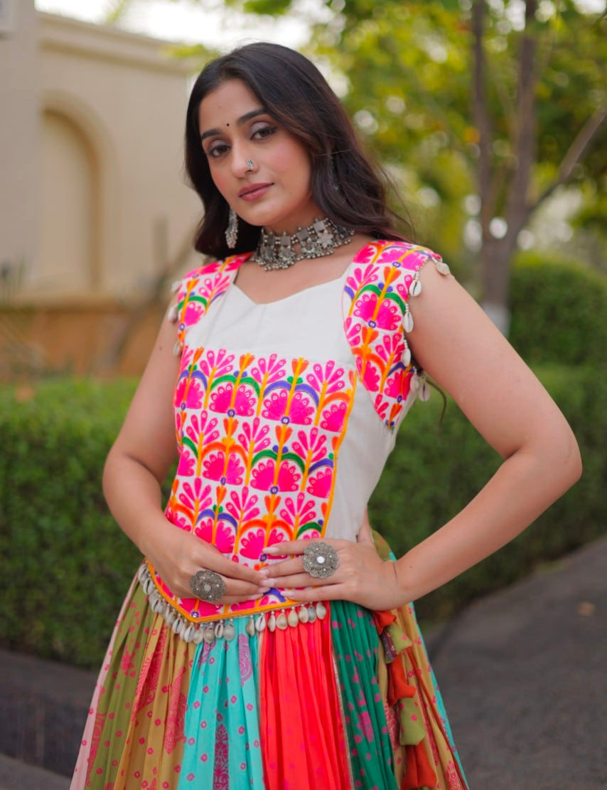 Multi Pure Reyon Kutchi Gamthi Thread Embroidered &amp; Mirror Work Lehenga Choli