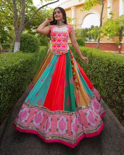 Multi Pure Reyon Kutchi Gamthi Thread Embroidered &amp; Mirror Work Lehenga Choli