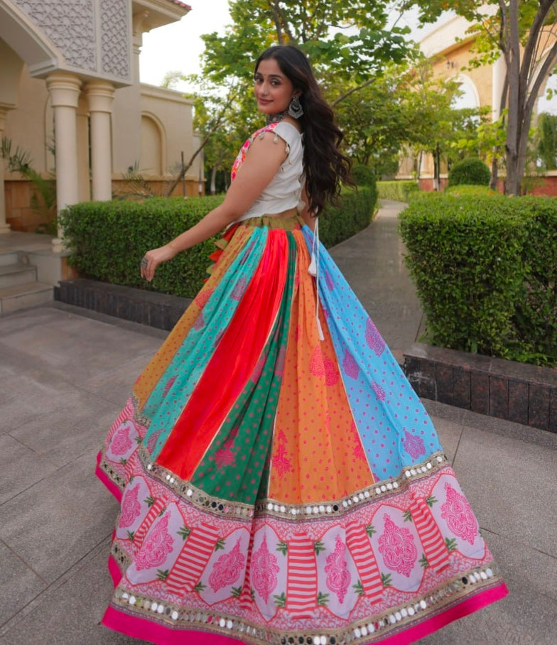 Multi Pure Reyon Kutchi Gamthi Thread Embroidered &amp; Mirror Work Lehenga Choli