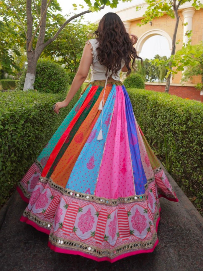 Multi Pure Reyon Kutchi Gamthi Thread Embroidered &amp; Mirror Work Lehenga Choli
