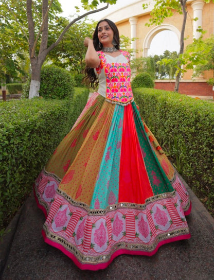 Multi Pure Reyon Kutchi Gamthi Thread Embroidered &amp; Mirror Work Lehenga Choli