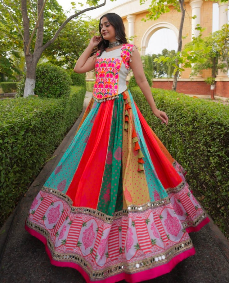 Multi Pure Reyon Kutchi Gamthi Thread Embroidered &amp; Mirror Work Lehenga Choli
