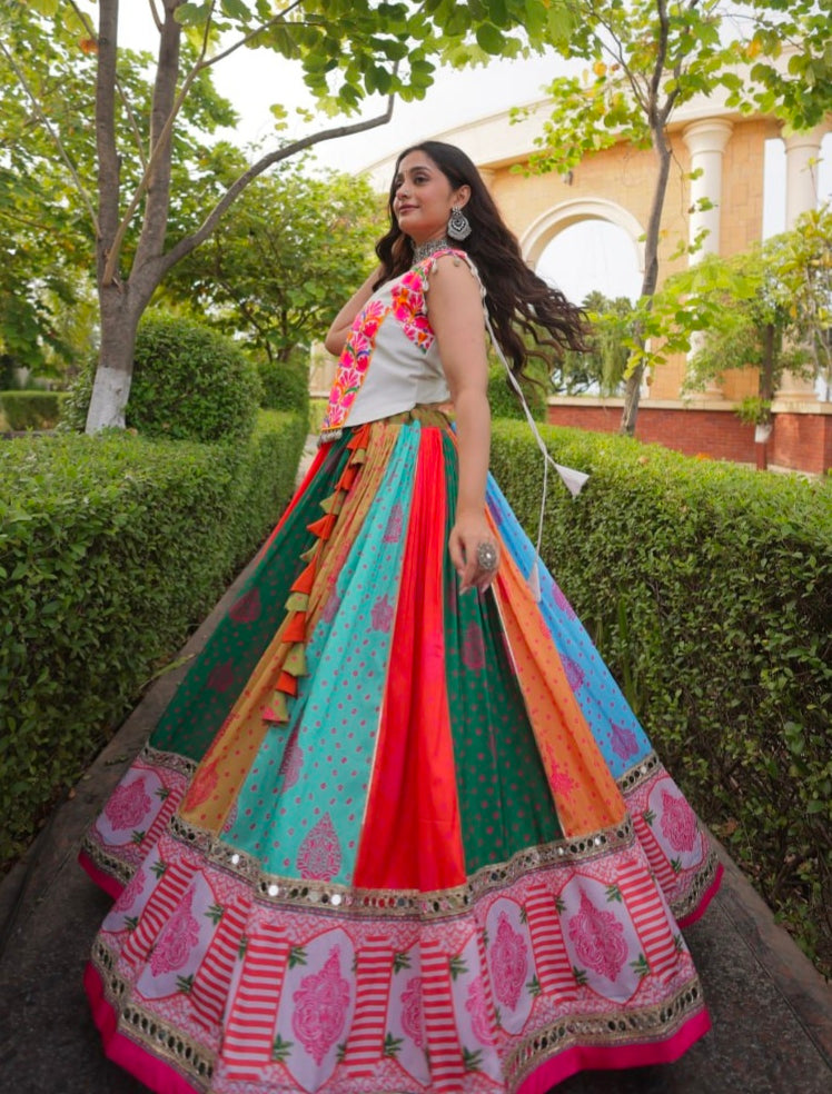 Multi Pure Reyon Kutchi Gamthi Thread Embroidered &amp; Mirror Work Lehenga Choli