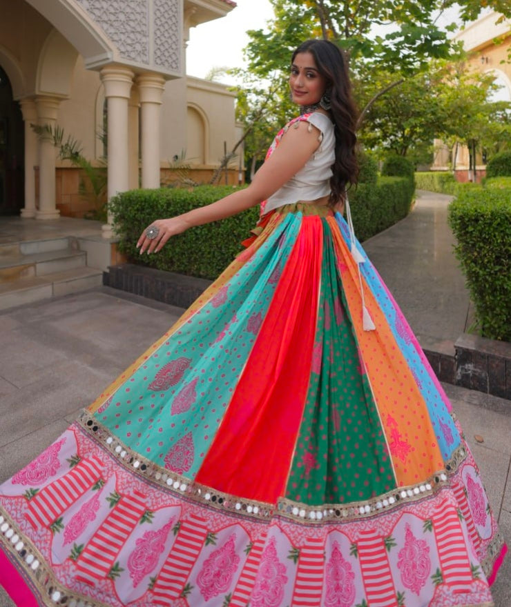 Multi Pure Reyon Kutchi Gamthi Thread Embroidered &amp; Mirror Work Lehenga Choli