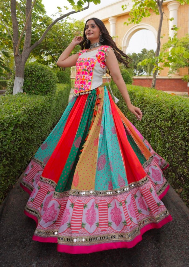 Multi Pure Reyon Kutchi Gamthi Thread Embroidered &amp; Mirror Work Lehenga Choli