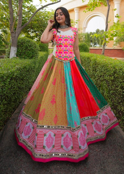 Multi Pure Reyon Kutchi Gamthi Thread Embroidered &amp; Mirror Work Lehenga Choli