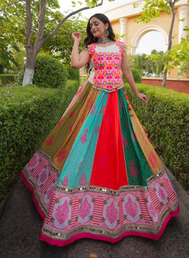 Multi Pure Reyon Kutchi Gamthi Thread Embroidered &amp; Mirror Work Lehenga Choli