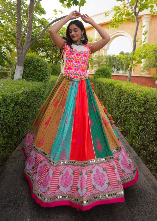 Multi Pure Reyon Kutchi Gamthi Thread Embroidered &amp; Mirror Work Lehenga Choli