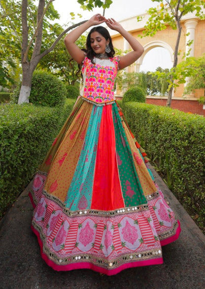 Multi Pure Reyon Kutchi Gamthi Thread Embroidered &amp; Mirror Work Lehenga Choli