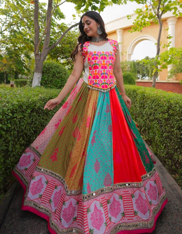 Multi Pure Reyon Kutchi Gamthi Thread Embroidered &amp; Mirror Work Lehenga Choli