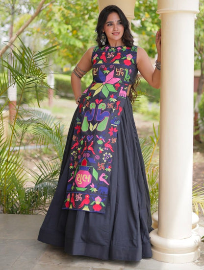Black Pure Cotton With Gamthi Thread Embroidered Work Lehenga Choli