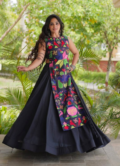 Black Pure Cotton With Gamthi Thread Embroidered Work Lehenga Choli