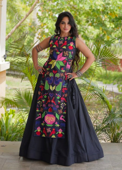 Black Pure Cotton With Gamthi Thread Embroidered Work Lehenga Choli