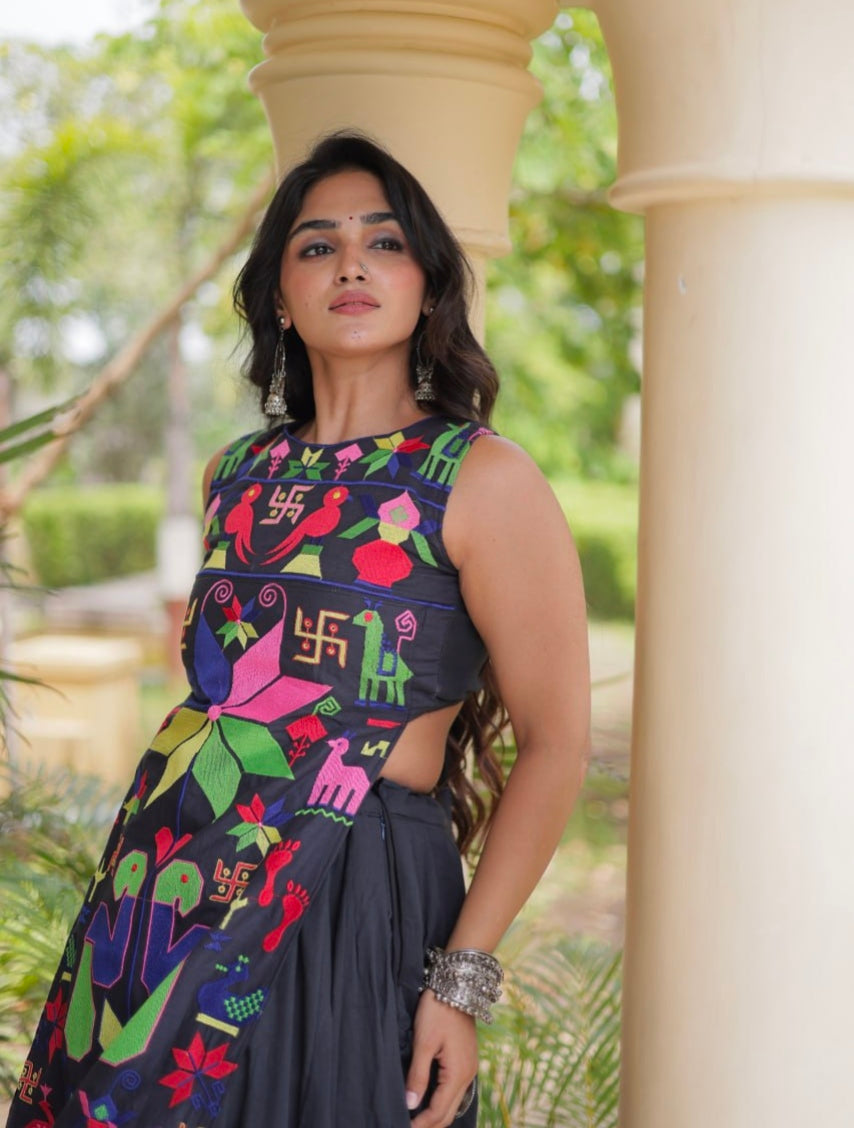 Black Pure Cotton With Gamthi Thread Embroidered Work Lehenga Choli