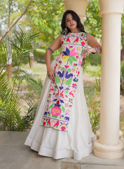 White Pure Cotton With Gamthi Thread Embroidered Work Lehenga Choli