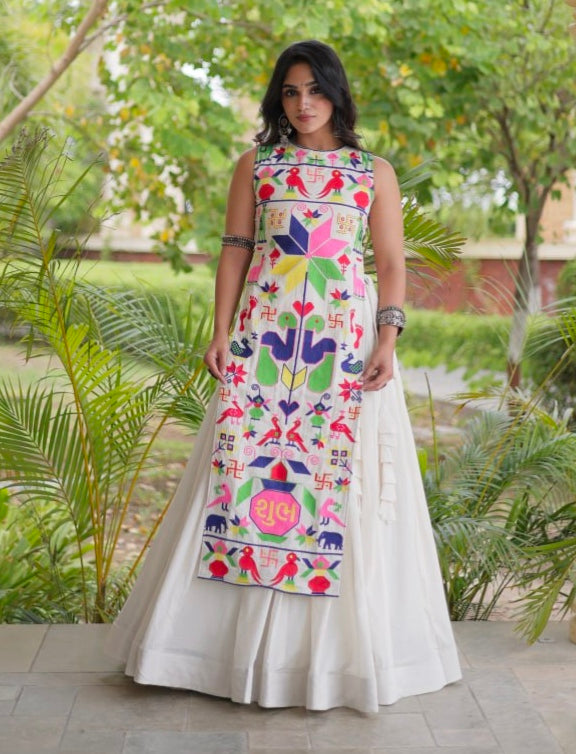 White Pure Cotton With Gamthi Thread Embroidered Work Lehenga Choli