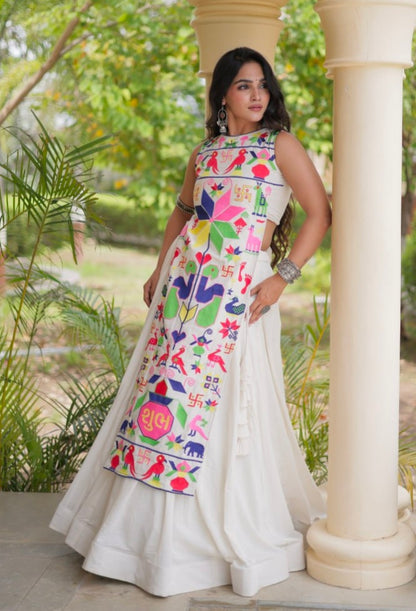 White Pure Cotton With Gamthi Thread Embroidered Work Lehenga Choli