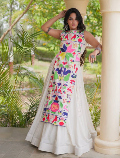 White Pure Cotton With Gamthi Thread Embroidered Work Lehenga Choli