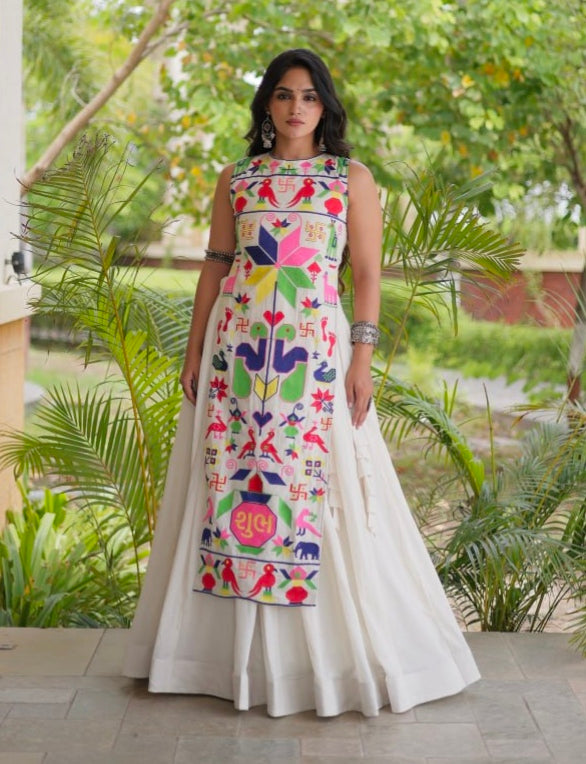White Pure Cotton With Gamthi Thread Embroidered Work Lehenga Choli