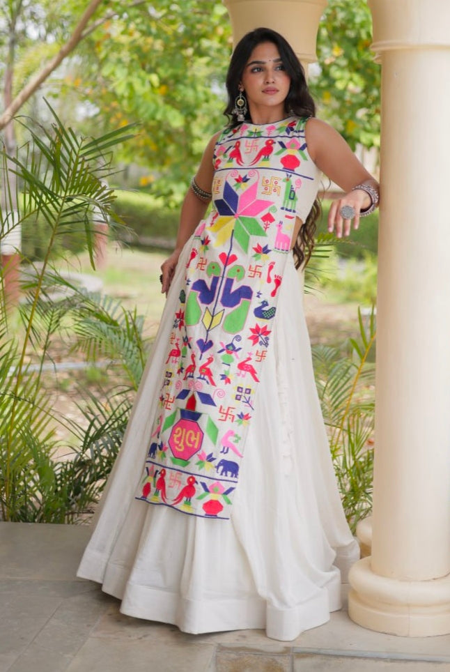 White Pure Cotton With Gamthi Thread Embroidered Work Lehenga Choli