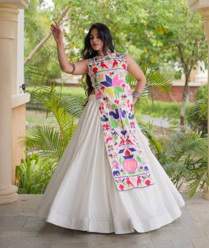 White Pure Cotton With Gamthi Thread Embroidered Work Lehenga Choli