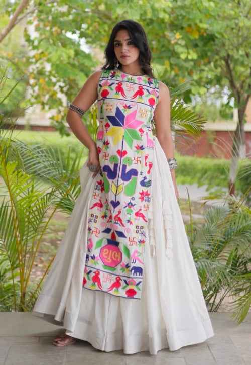 White Pure Cotton With Gamthi Thread Embroidered Work Lehenga Choli