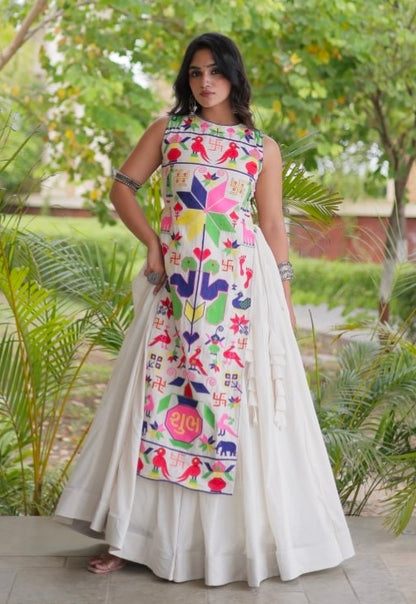 White Pure Cotton With Gamthi Thread Embroidered Work Lehenga Choli