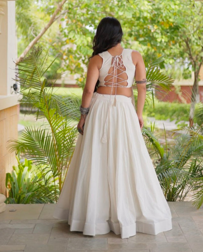White Pure Cotton With Gamthi Thread Embroidered Work Lehenga Choli