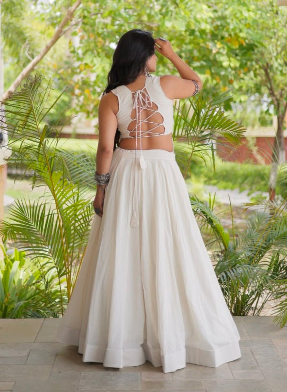 White Pure Cotton With Gamthi Thread Embroidered Work Lehenga Choli