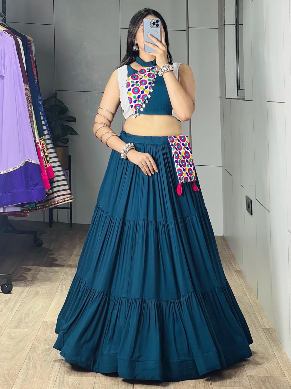 Teal Blue Pure Pure Rayon Cotton Navratri Lehenga Choli