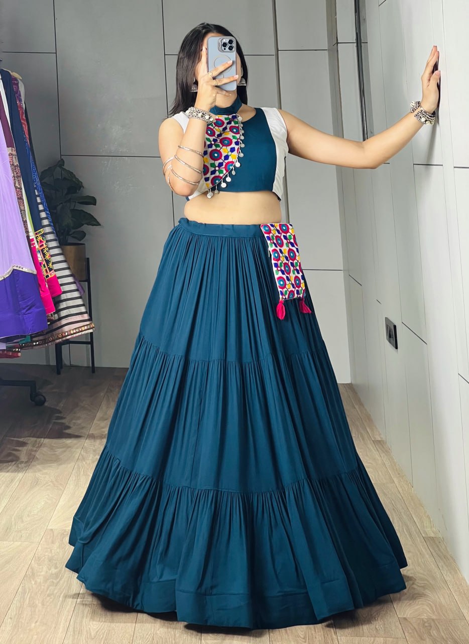 Teal Blue Pure Pure Rayon Cotton Navratri Lehenga Choli